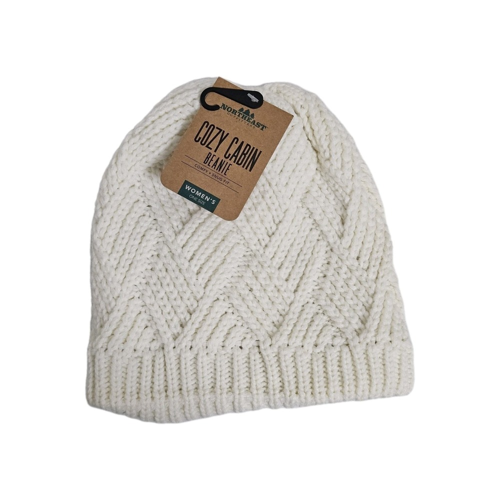 Northeast Outfitters‎ Beanie White Cozy Cabin Diamond Weave Knit Fleece NWT